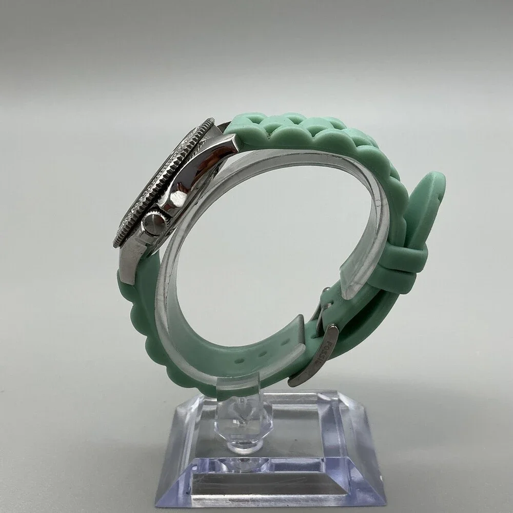 Fossil AM4464 Womens Watch 37mm White Dial Green Silicone Crystals Date New Batt